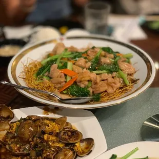 Crispy noodles with chicken &amp; bean sprouts