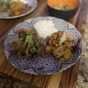 Beef with Broccoli and Kung Pao Chicken.