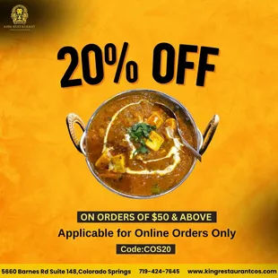 Dine so fine, save each time, 20% off  on orders of $50 and above
Order Now :https://bit.ly/kingrestaurant