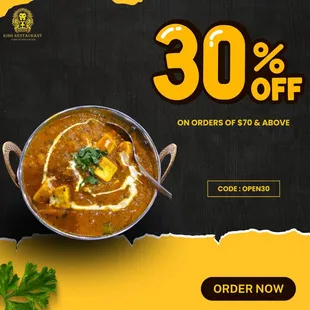 Don't miss this chance to indulge in delicious Indian-inspired cuisine at a great price 30% Off On Order above $70 Valid until July 30th.