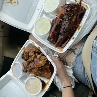 mild tips/chicken dinner + spicy ribs dinner