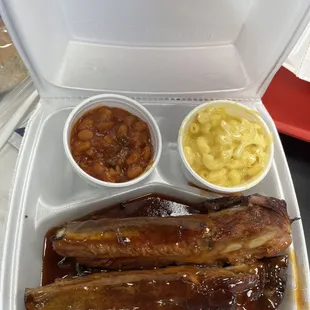 Ribs, baked beans, and Mac &amp; cheese