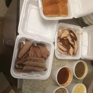 Brisket, turkey, dinner rolls, gumbo, creamed corns, dirty rice, &amp; BBQ sauce for less than $37.