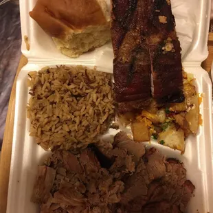 3 meat combo: brisket, ribs and pork