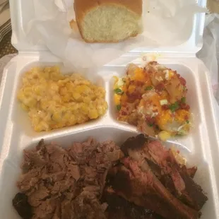 Two meats (brisket &amp; pork ribs) special with creamed corn and twice baked potato, $10.79