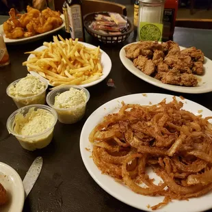 Onion rings fries shrimp, oysters