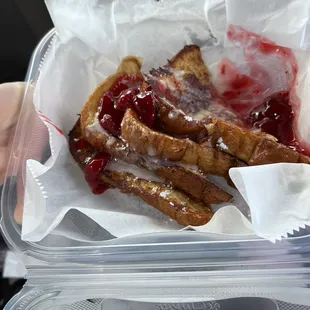 Strawberry French toast after some tasting from the little