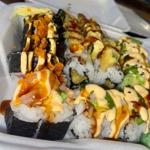 Pacific Roll, Zucchini Roll, and Saguaro Roll (left to right)