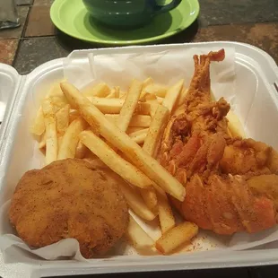 Crab cake and fried lobster tail.