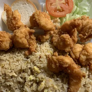 Small fried shrimp (8) with shrimp fried rice - closeup - fried rice is delicious!