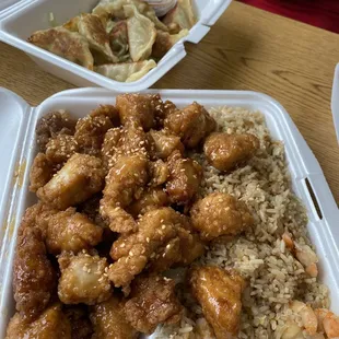 Sesame Chicken - very tender chicken with shrimp fried rice.