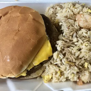 Cheeseburger with fried rice