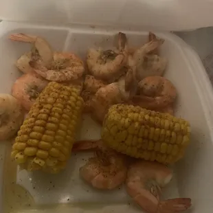 Seasoned sweet butter corn and 1/2 pound of medium shrimp