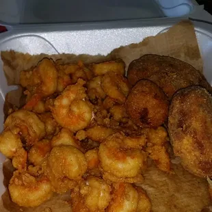 Fried spicy shrimp with crabcakes and hush puppies.