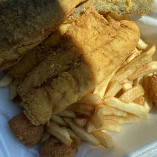 2 piece whiting, fries, and hush puppies.