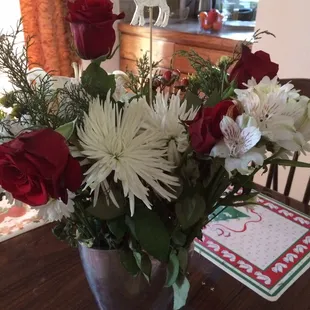 Beautiful.  But the Gerber Daisies died the second day so I had to buy roses for it for Christmas.