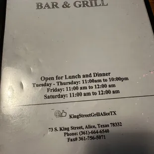 Front of menu