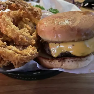 1/2 lb Cheese burger and onion rings
