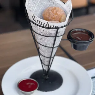 donut holes with raspberry and chocolate sauces