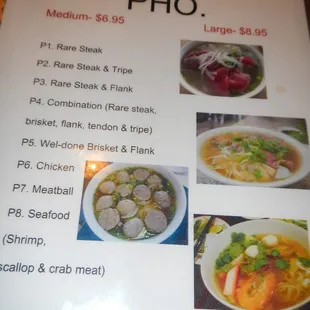 Pho menu.
