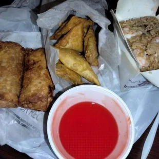 Shrimp egg rolls Crab wonton with sweet &amp; sour sauce Shrimp fried rice