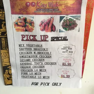 a menu for pick up