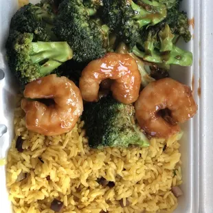 Shrimp and broccoli lunch special.