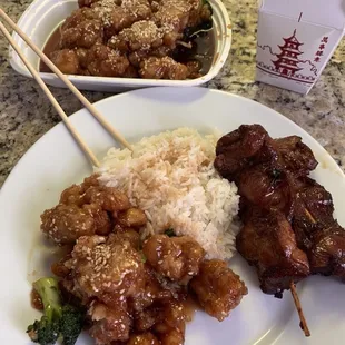 Seasame Chicken with Teriyaki Chicken Appetizer, includes side of Jasmine rice