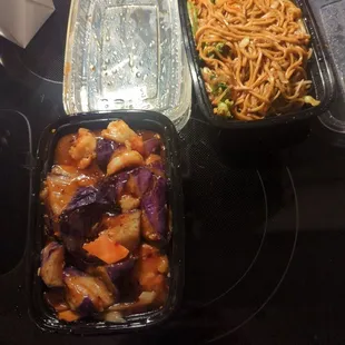 Shrimp and Eggplant in Garlic Sauce, Vegetable Lo Mein