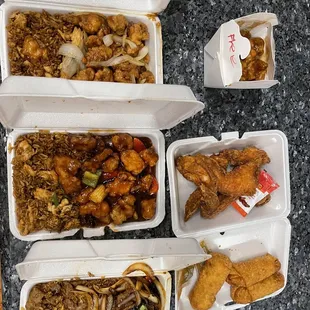 Mongolian Beef, Burbank Chicken, General Tso chicken, orange chicken, chicken wings, and egg rolls.