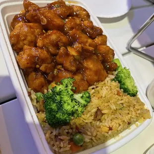 Orange chicken and roast pork fried rice