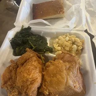 Fried Chicken, collard greens and mac &amp; cheese.