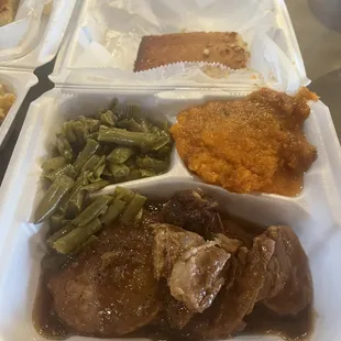 Pork chop, string beans and sweet potato with corn bread