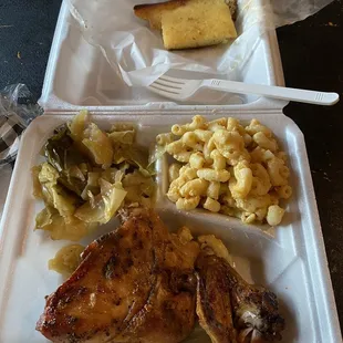 Baked chicken, Mac n cheese and cabbage (not vinegary tasting)