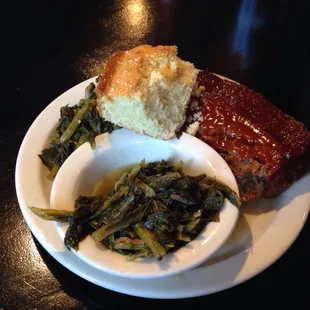 My boo thang&apos;s meal...meatloaf, double serving of greens, and cornbread. Yep, I tasted that too and it was yummy!