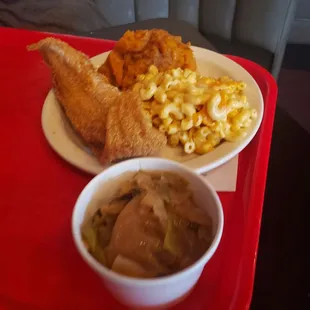 Catfish, mac &amp; cheese, sweet potatoes, and cabbage