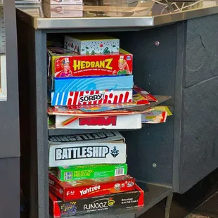 Board games available to play.