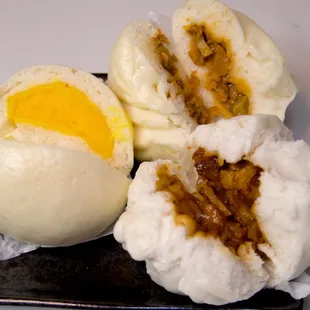 Steamed goods!! Custard, spicy chicken and bbq pork