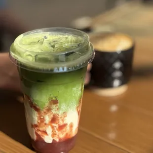 Strawberry Matcha Latte Iced with Oat Milk