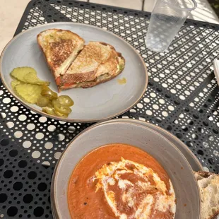 Tomato soup and chicken pesto panini