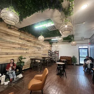 Inside seating area with hanging gardens