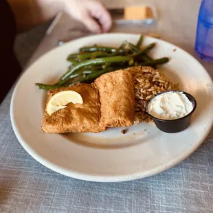 Catch of the day. Fried Mahi-mahi, which was phenomenal. Fresh green beans and red beans and rice.