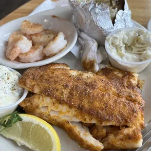 Cajun Cod with broiled shrimp &amp; baked potato