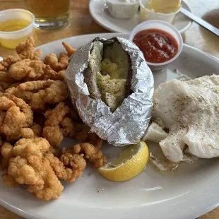 Fried clams &amp; broiled cod with baked potato