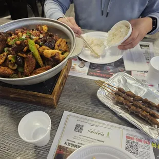 Porkrib drypot , added chicken wings and mushrooms. Chicken heart skewers