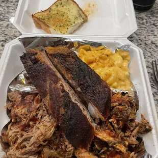 3 meat plate , ribs, chicken, pork, mac n cheese.