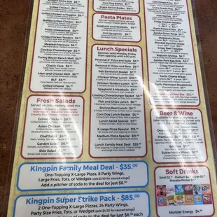 a menu for kingpin's pizza parlor