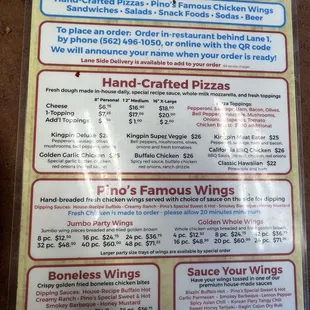 menu for kingpin pizza