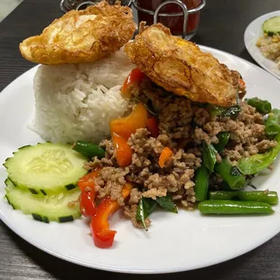 Pork Pad Kra Pow with 2 Fried Eggs
