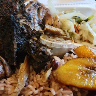 Jerk Chicken, rice &amp; plantains. Oh, and braised cabbage with carrots.
